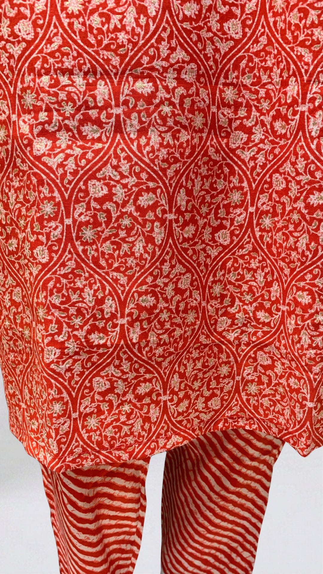 Red Muslin Block & Gold Print Suit with Dabka, Cutdana, Moti & Gota Patti Detailing