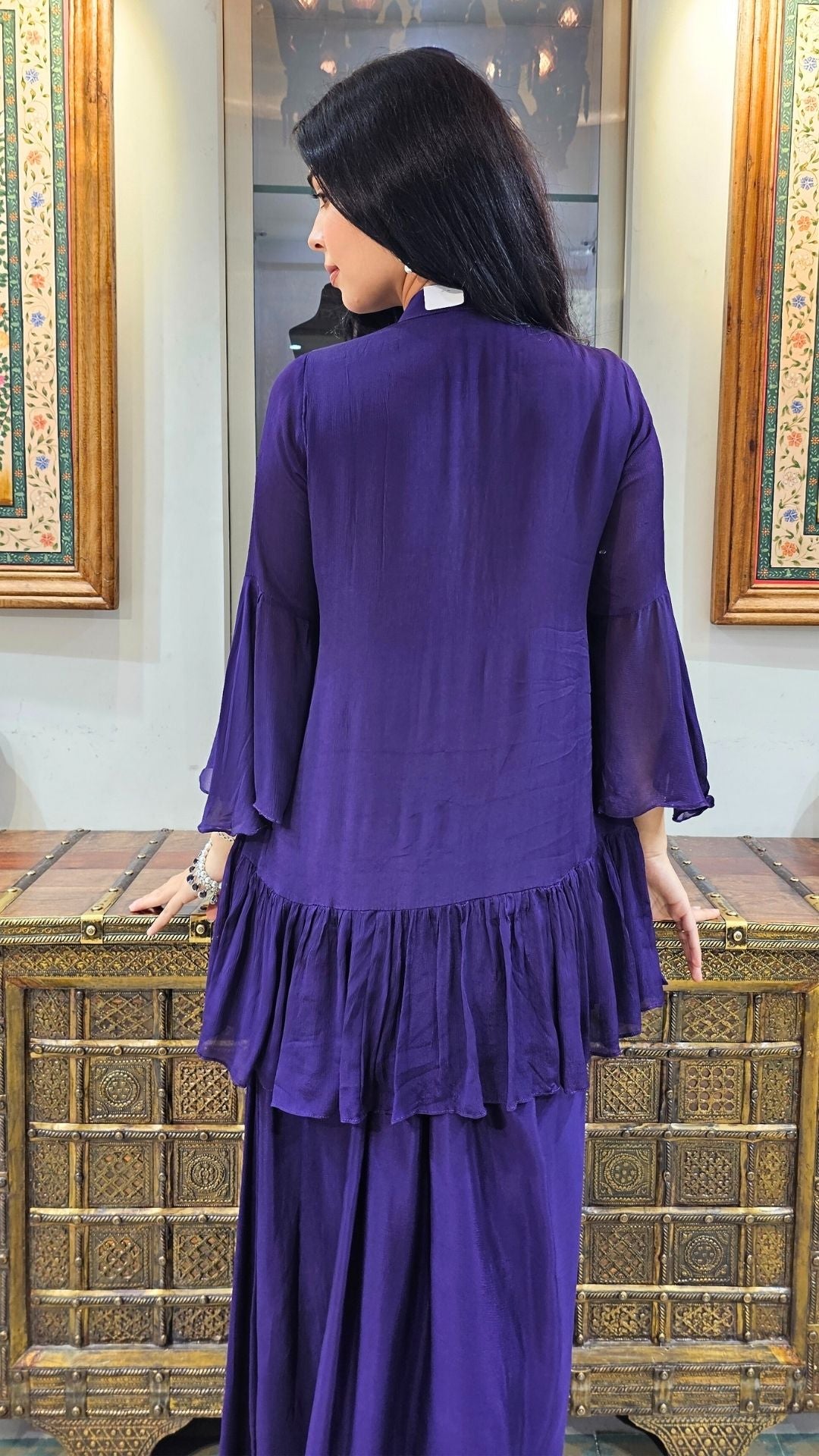 Purple Chinon Indowestern Top and Bottom with Sequins,Cutdana and Pearl Work