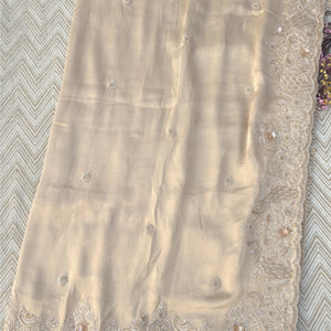 Fawn Tissue Saree Embellished With Zari, Sequins & Cut Dana Work
