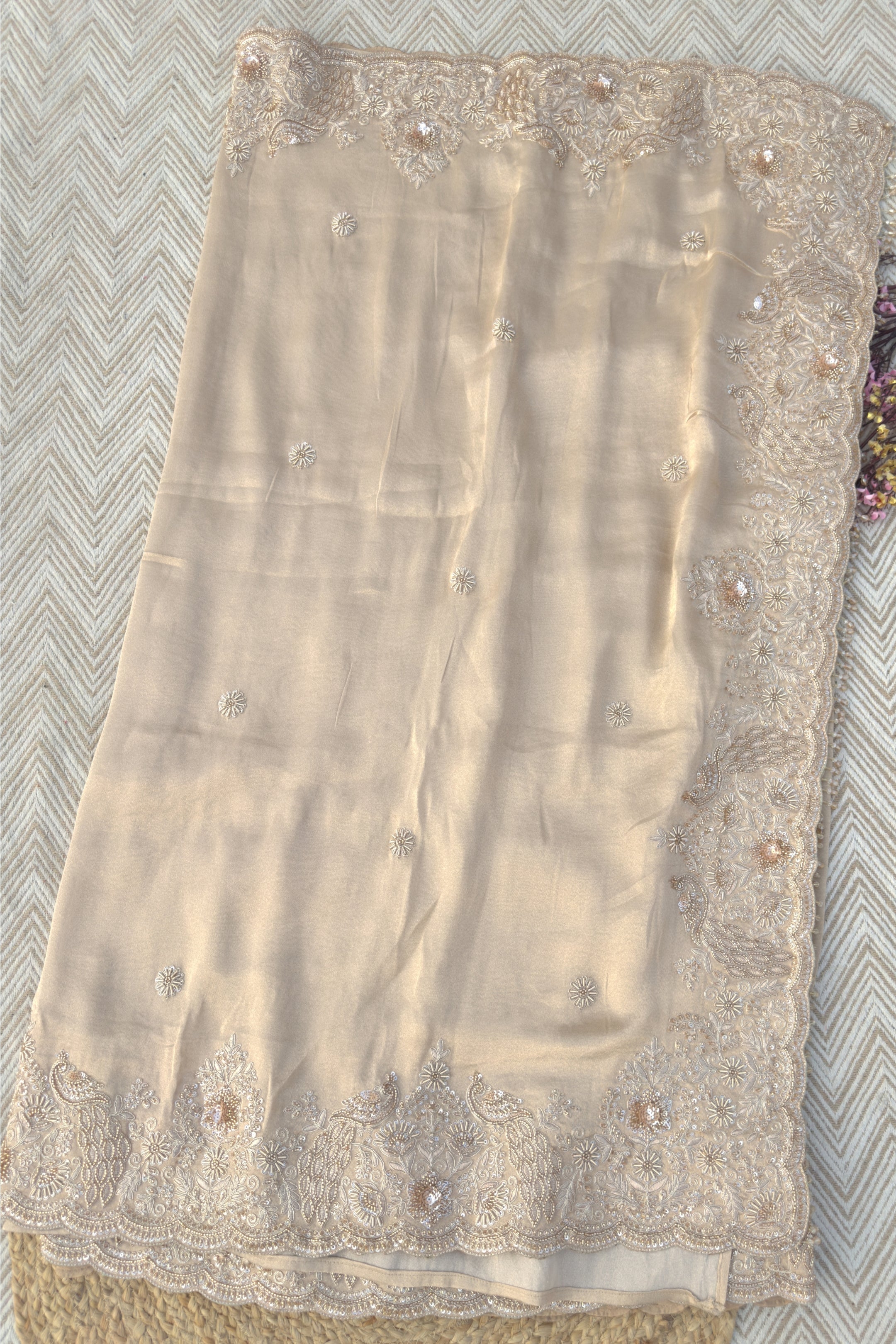 Fawn Tissue Saree Embellished With Zari, Sequins & Cut Dana Work