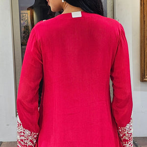 Red Chinon Indowestern Top and Pleated Bottom with Dabka,Sequins and Cutdana Work