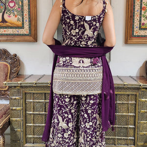 Purple Georgette Indowestern Top and Bottom with Resham,Cutdana, Pearl and Sequins Work and Dupatta