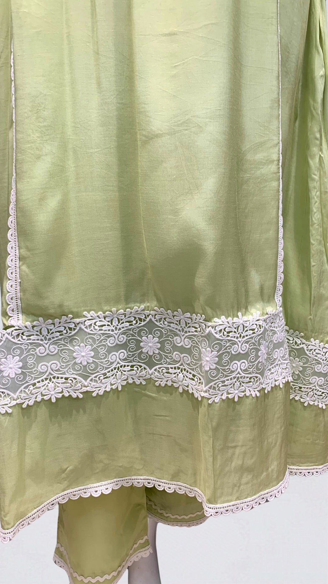 Green Muslin Cotton Suit Set with Mirror & Lace Detailing