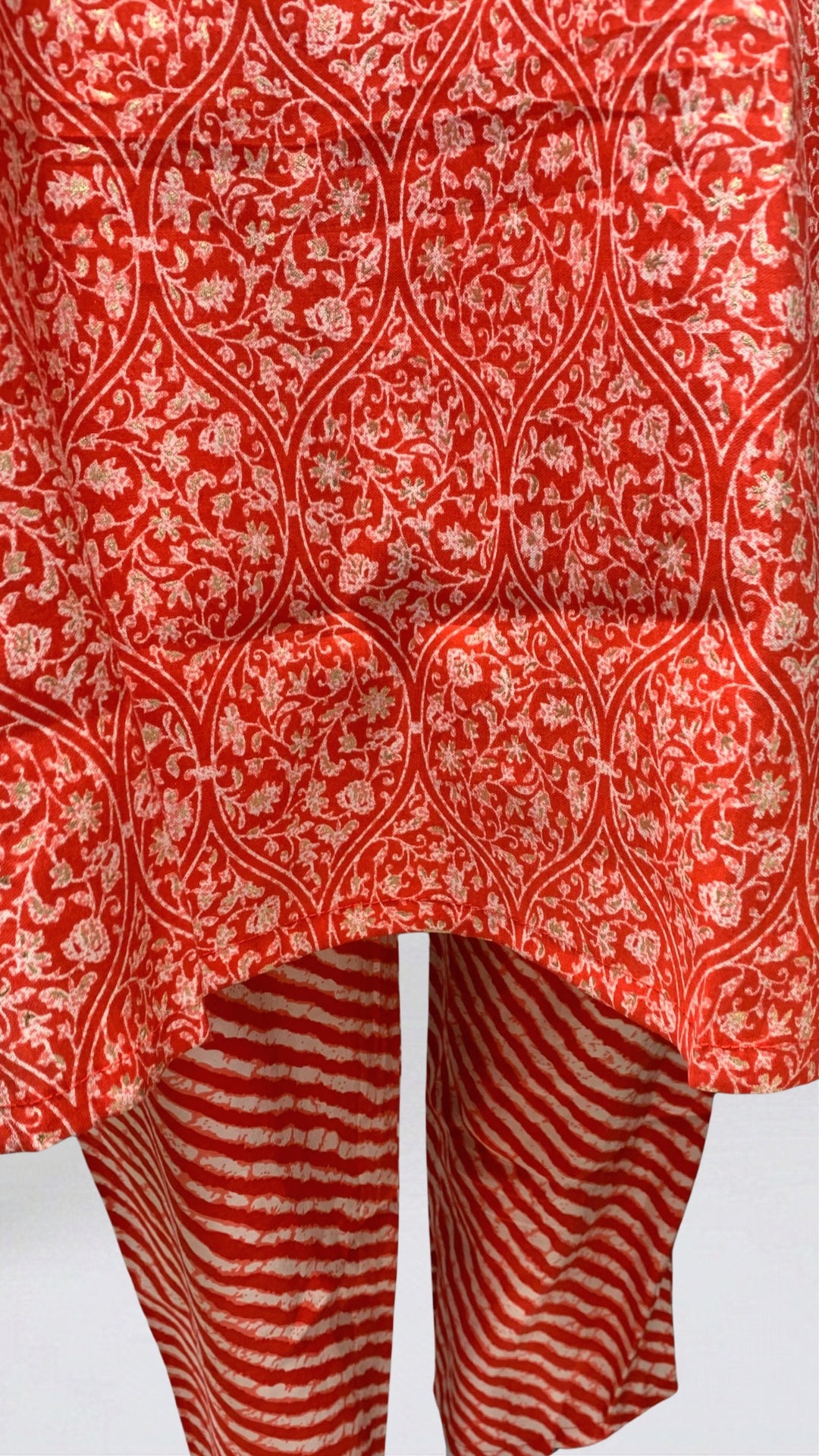 Red Muslin Cotton Block & Gold Print Suit with Dabka, Seqiuns & Gota Patti Detailing
