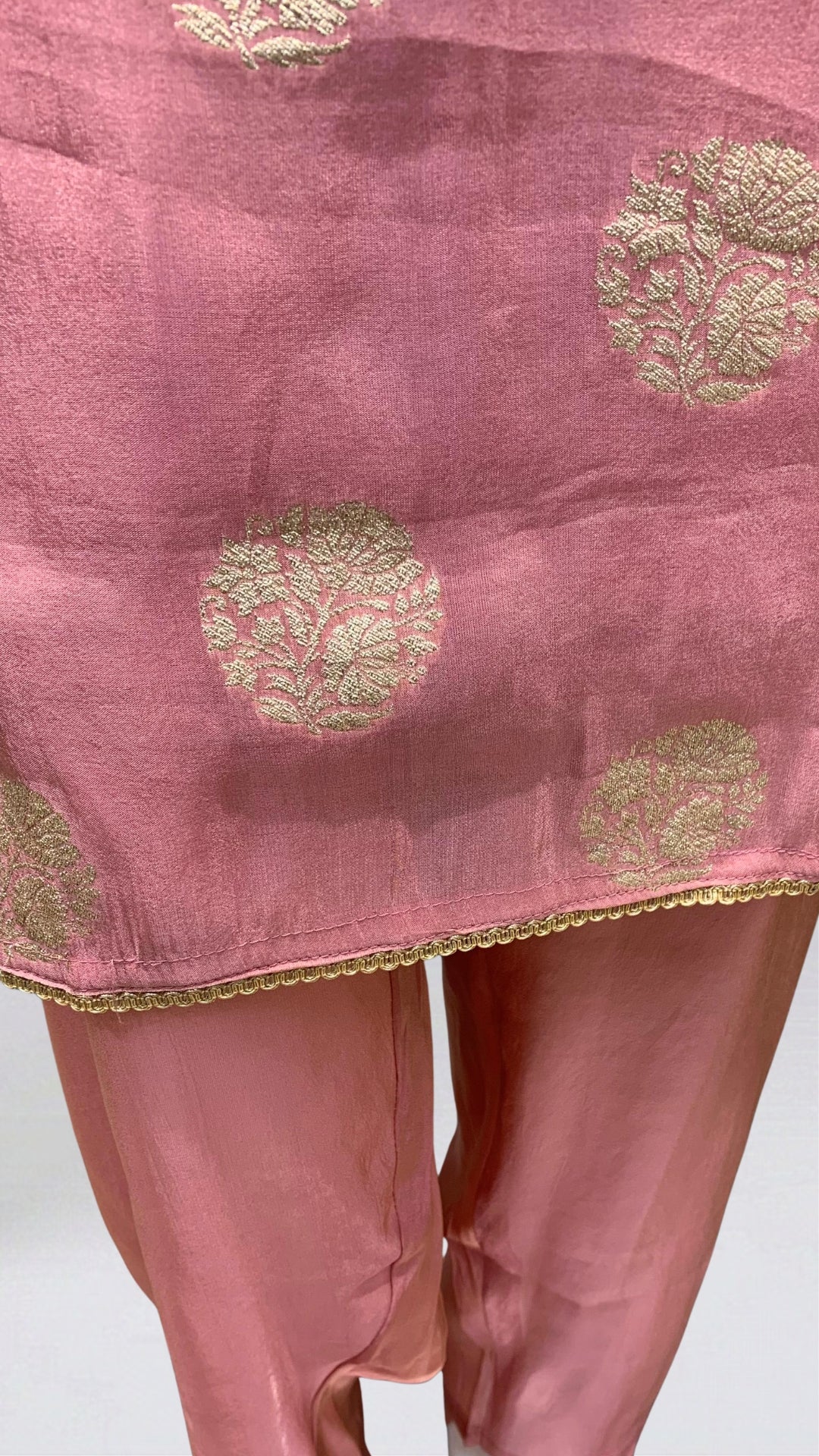 Pink Banarasi Tissue Suit with Mirror, Dabka & Moti Detailing