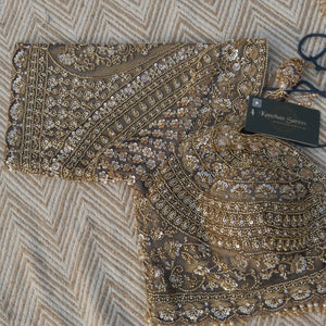 Dusty Brown Green Tissue Saree Embellished With Moti, Sequins & Cut Dana Work