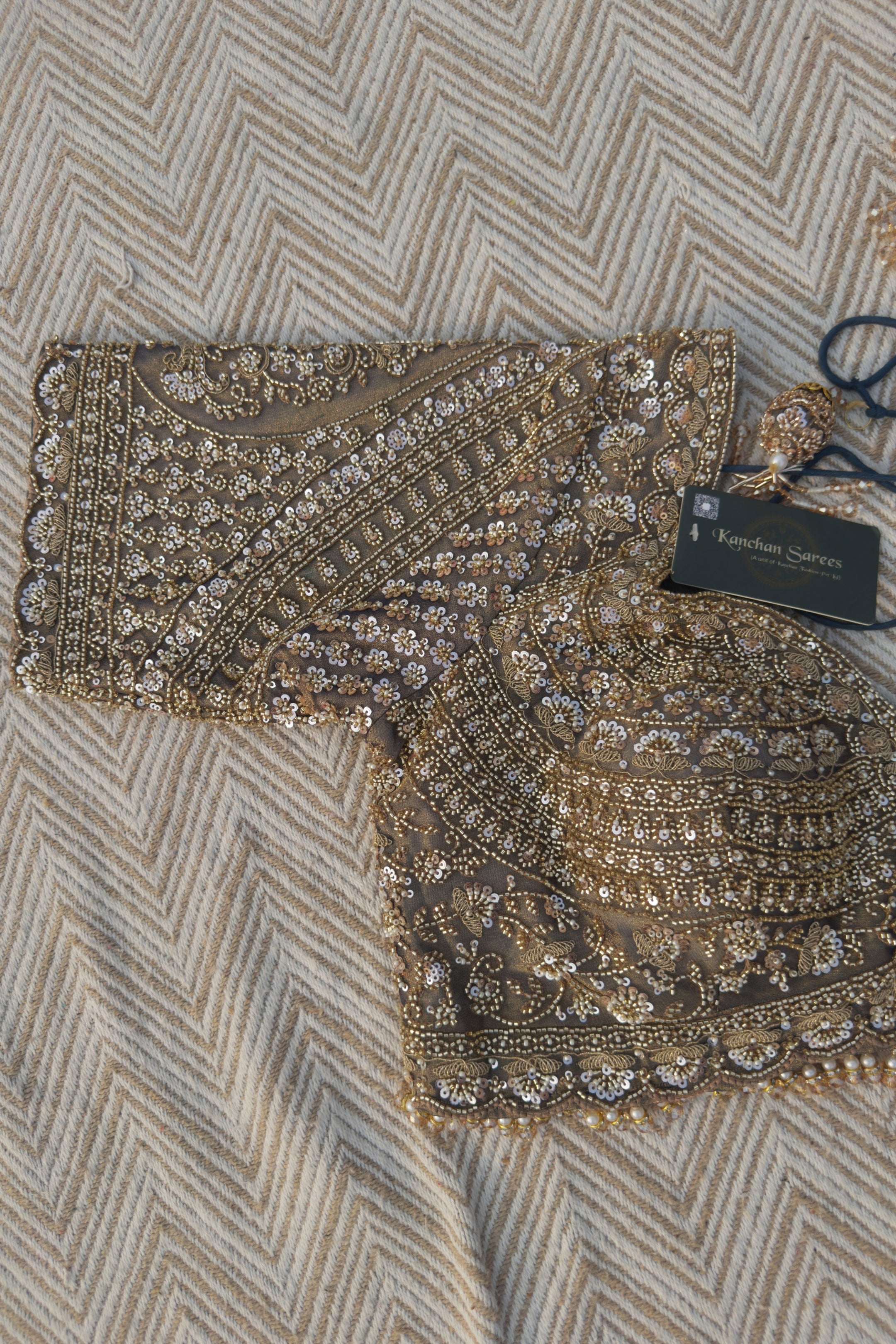 Dusty Brown Green Tissue Saree Embellished With Moti, Sequins & Cut Dana Work