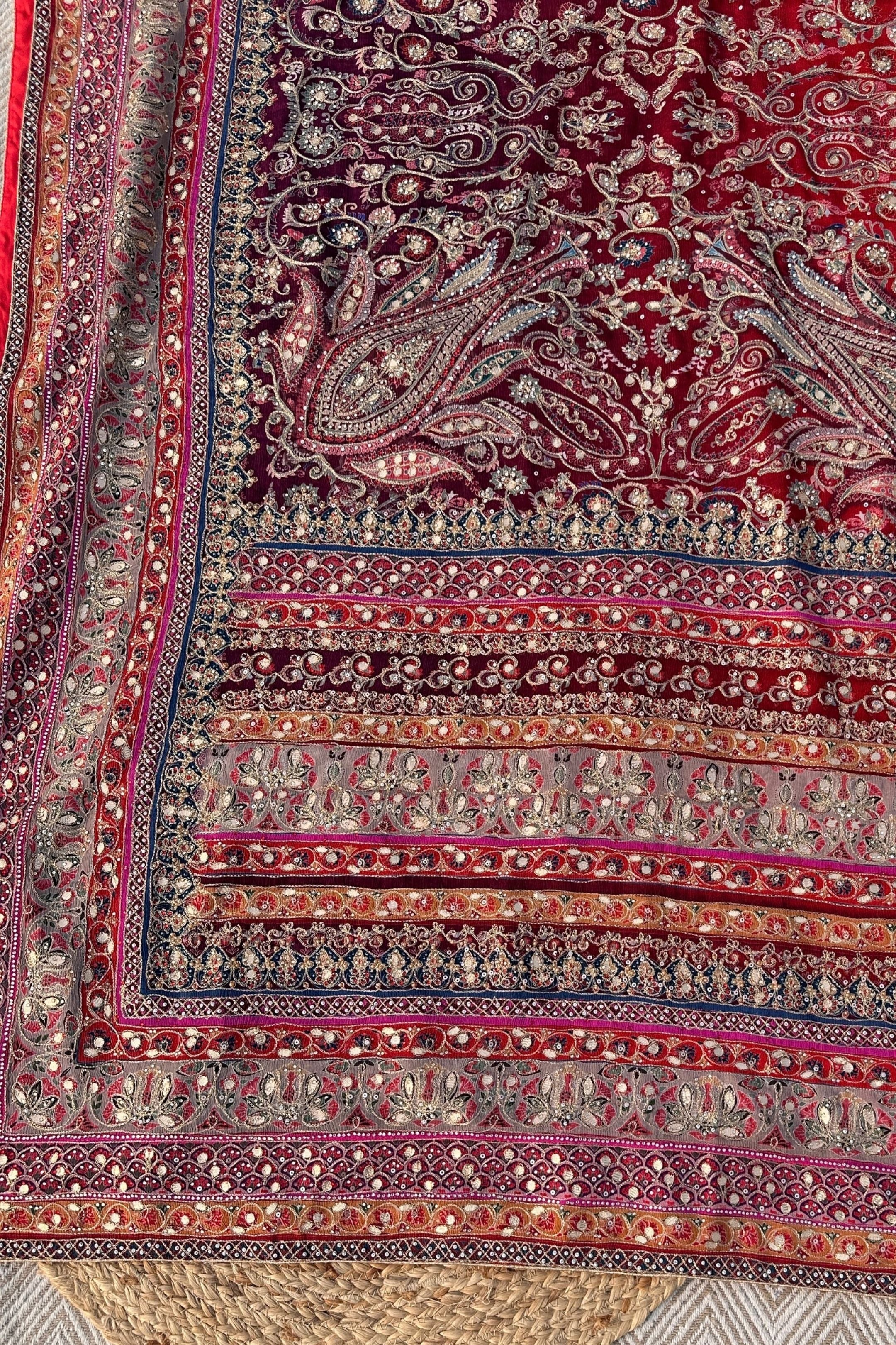 Maroon Chinon Saree Embellished With Zari, Swarovski & Chandla Work