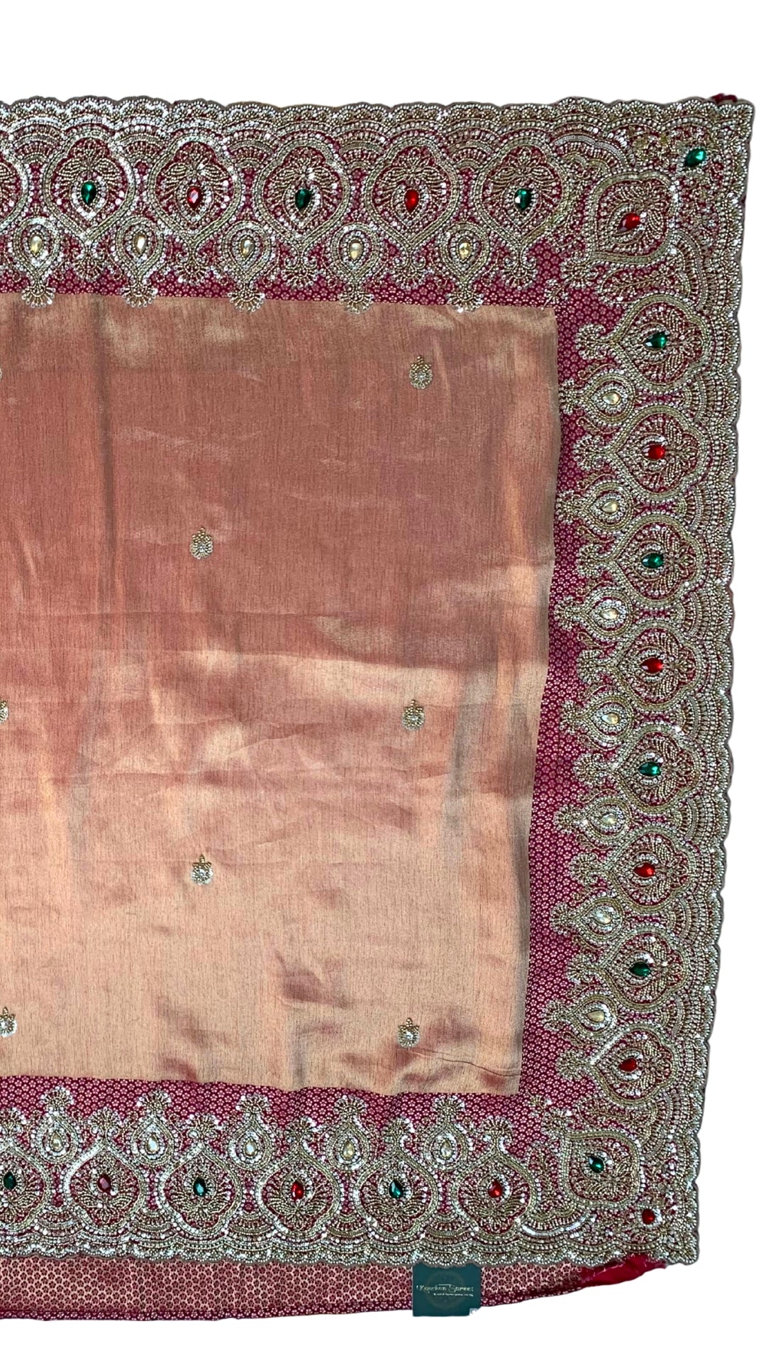 Beautiful Copper Peach Banarasi Saree Embellished With Sequins & Cut Dana Work