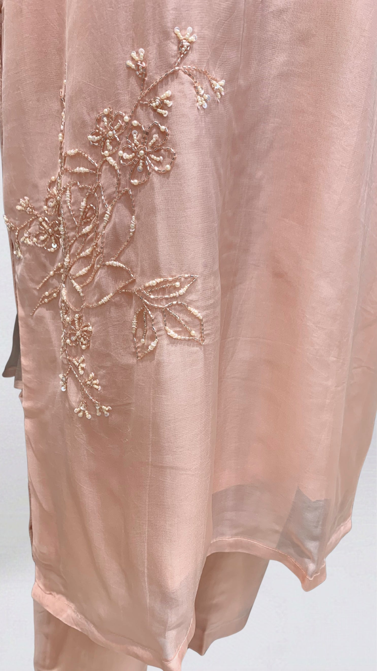 Dusty Peach Soft Organza Suit with Cutdana, Pearl & Moti Detailing