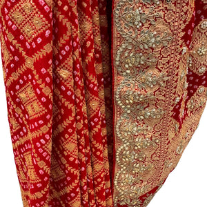 Green Pure Georgette Bandhej Unstitched Saree with Gota, Dabka & Dori Work