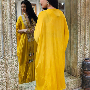 Yellow Chinon Indowestern Top,Jacket and Bottom with Resham Thread and Pearl Work