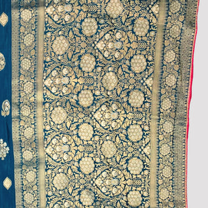 Blue Banarasi Silk Saree with Stitched Pink Blouse and Weaving Work