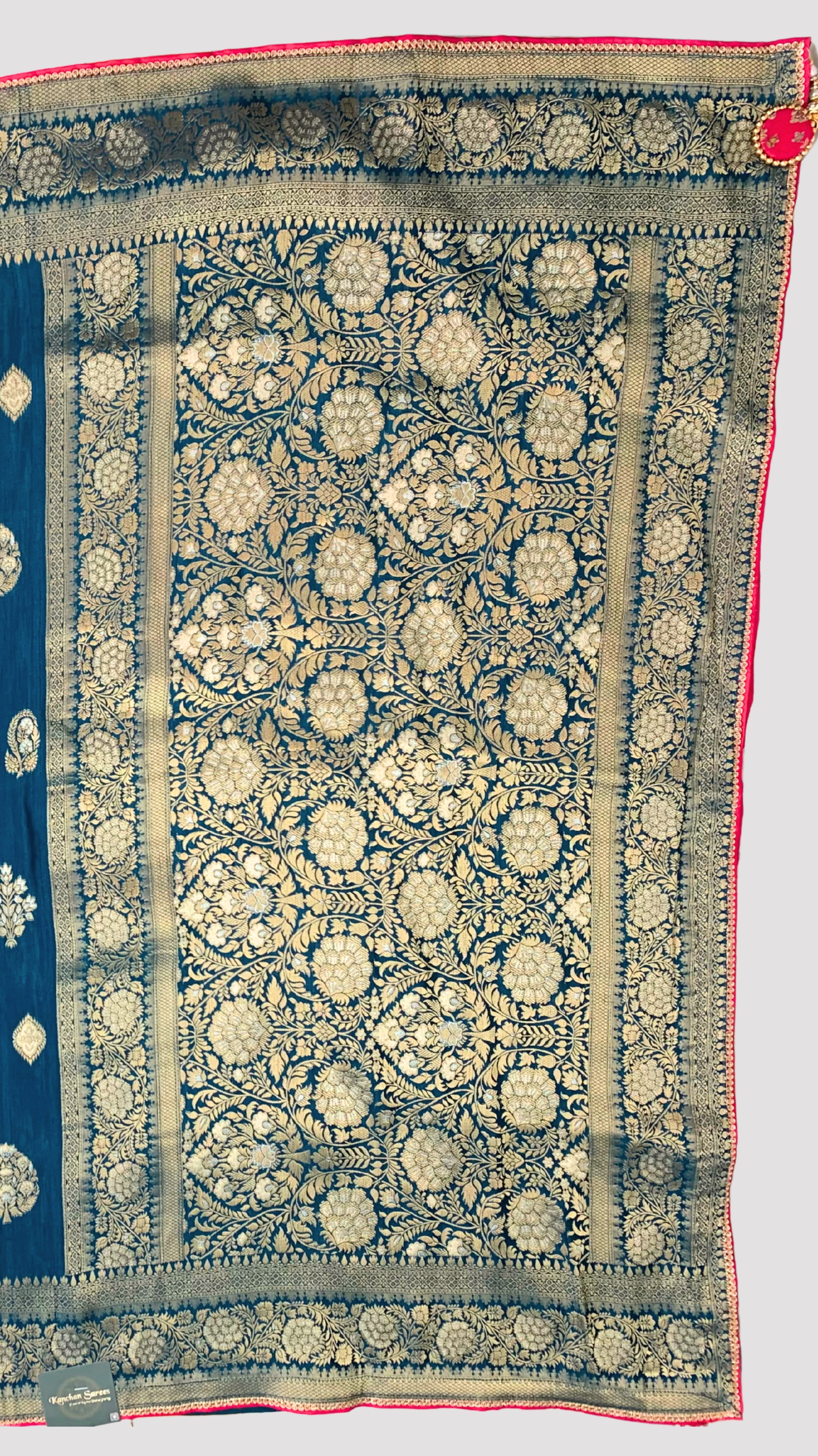 Blue Banarasi Silk Saree with Stitched Pink Blouse and Weaving Work