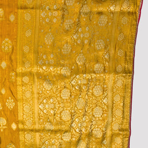 Yellow Banarasi Silk Saree with Stitched Pink Blouse and Weaving Work