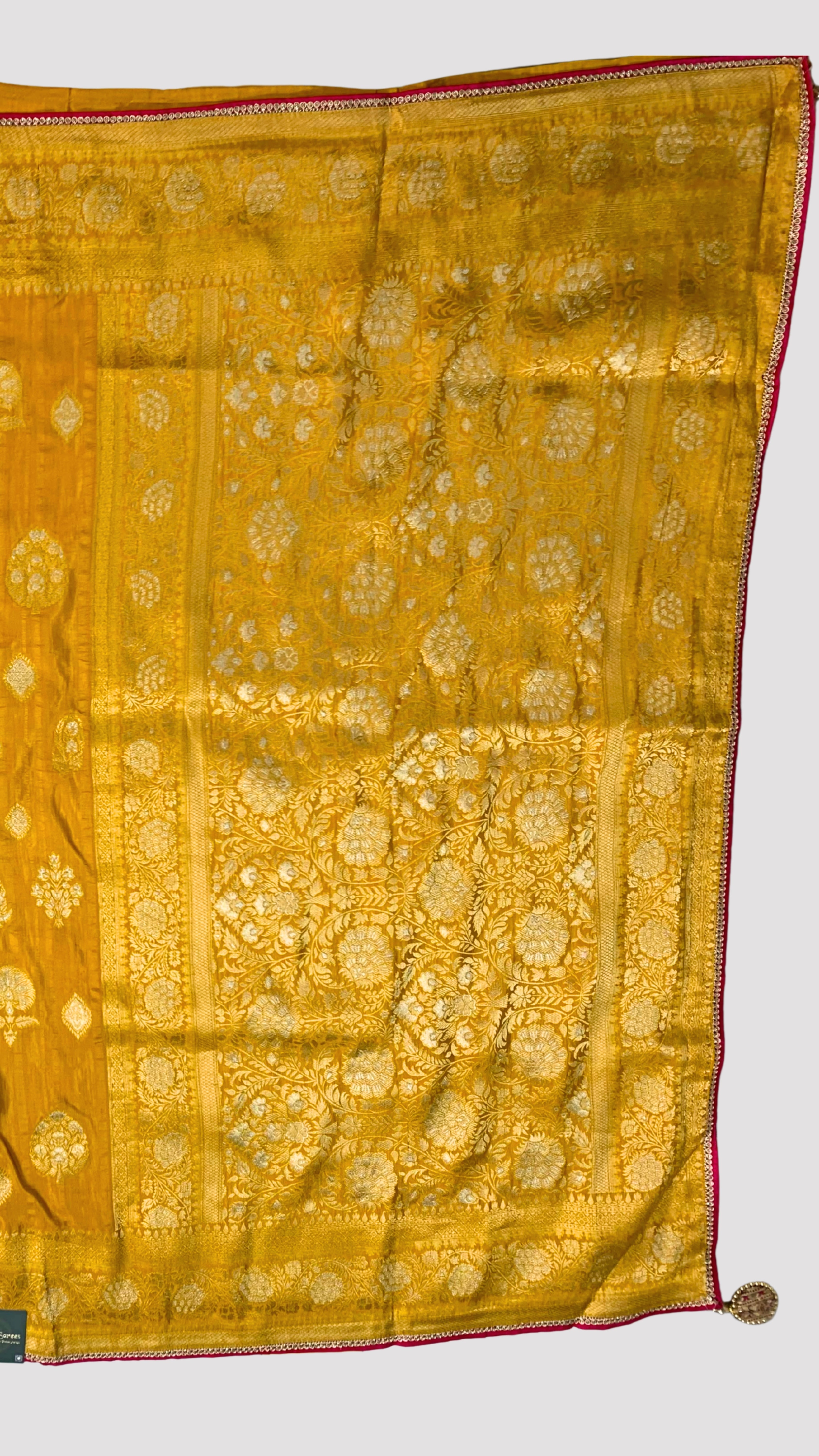 Yellow Banarasi Silk Saree with Stitched Pink Blouse and Weaving Work