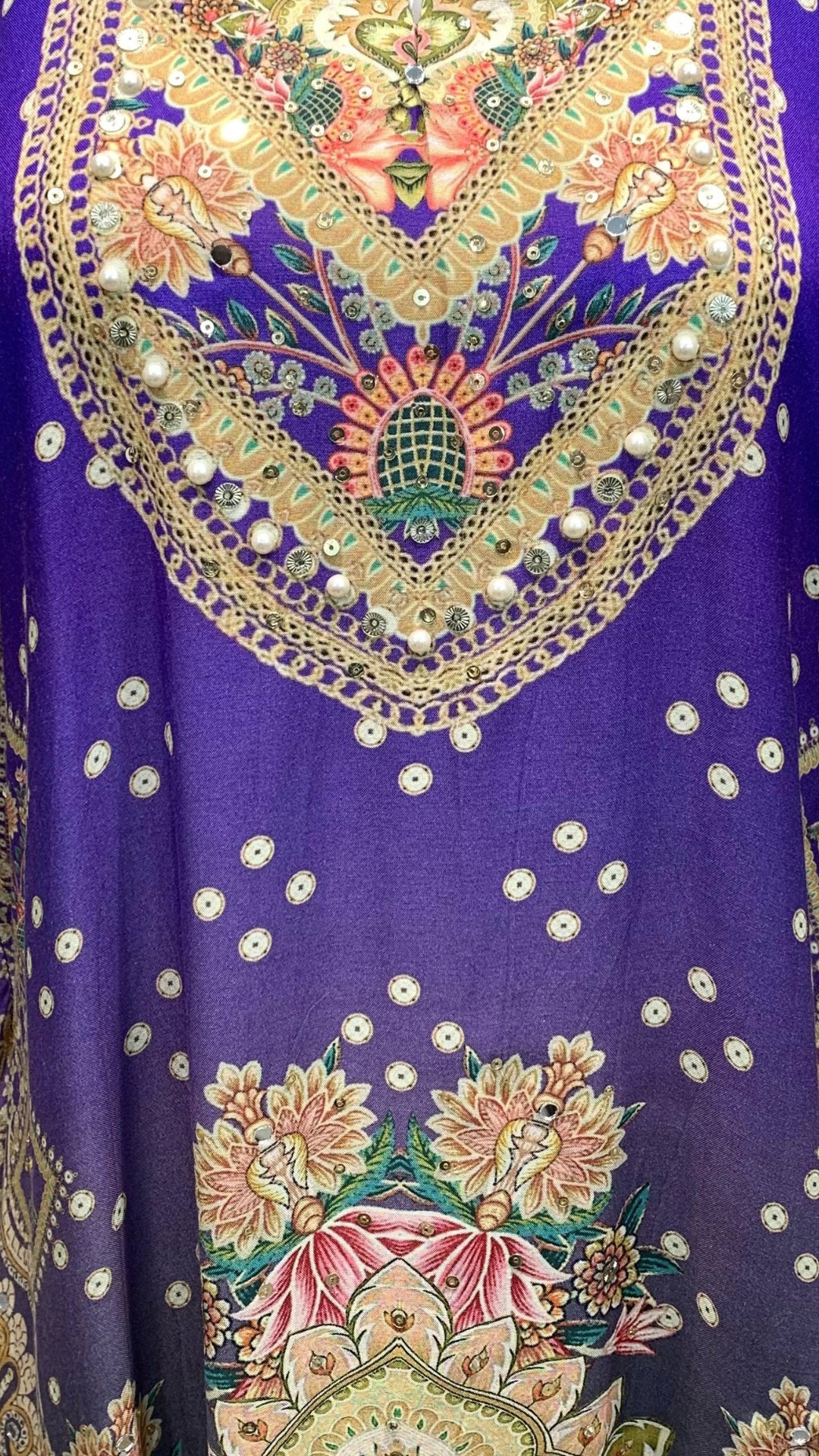 Purple Muslin Crepe Coord Set with Digital Print, Pearl & Mirror Detailing