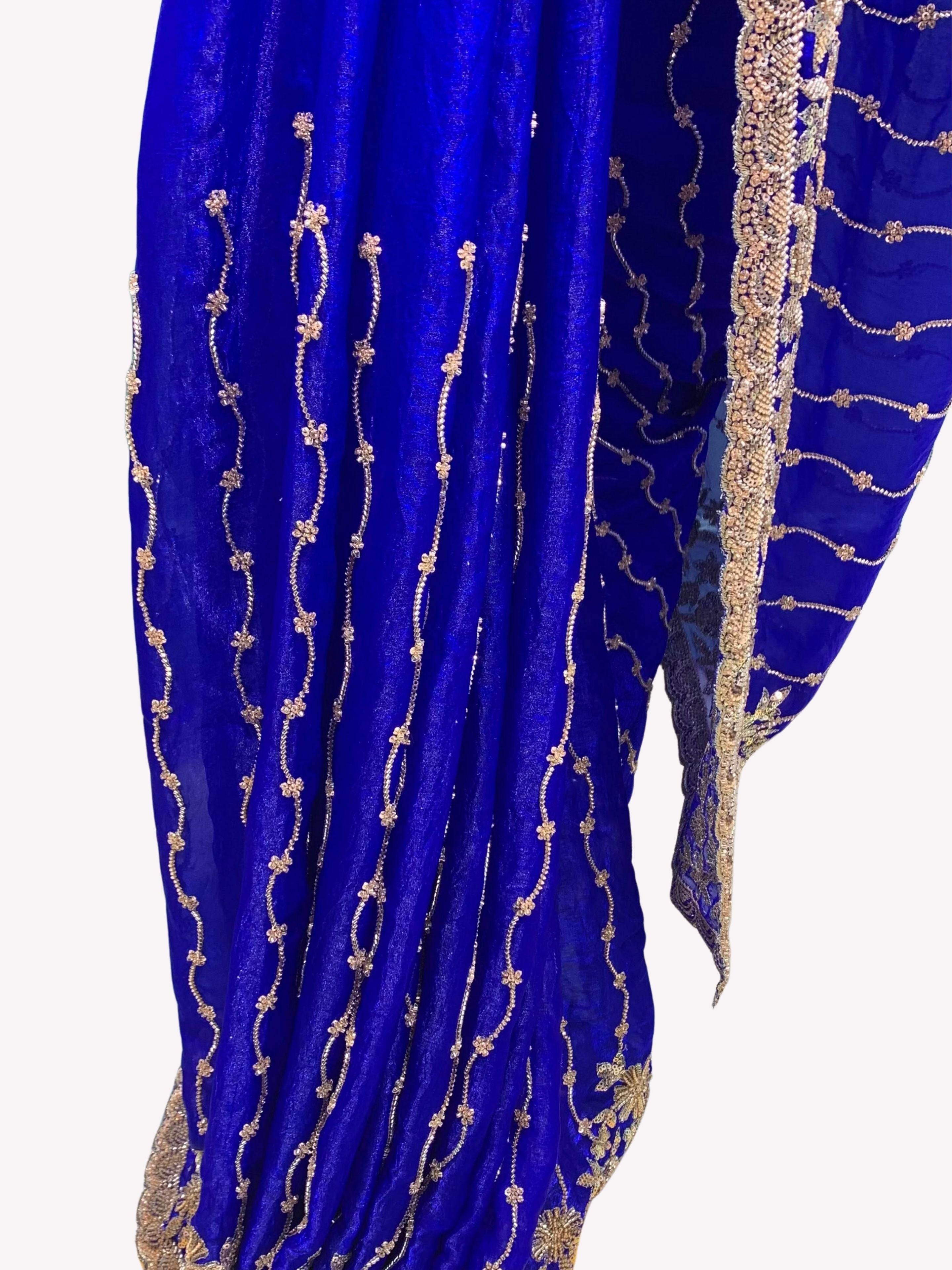 Blue Tissue Unstitched Saree Embellished With Sequins, Cutdana & Zari Work
