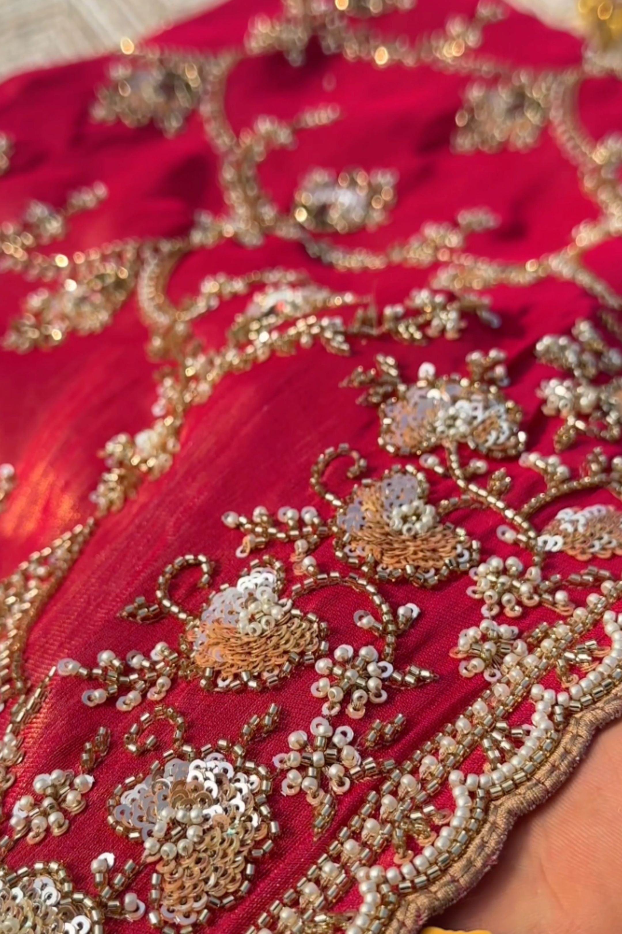 Red Tissue Saree With Moti, Cutdana & Sequins Work
