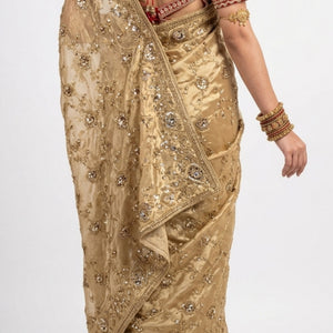 Golden Tissue Saree With Moti, Cutdana & Sequins Work