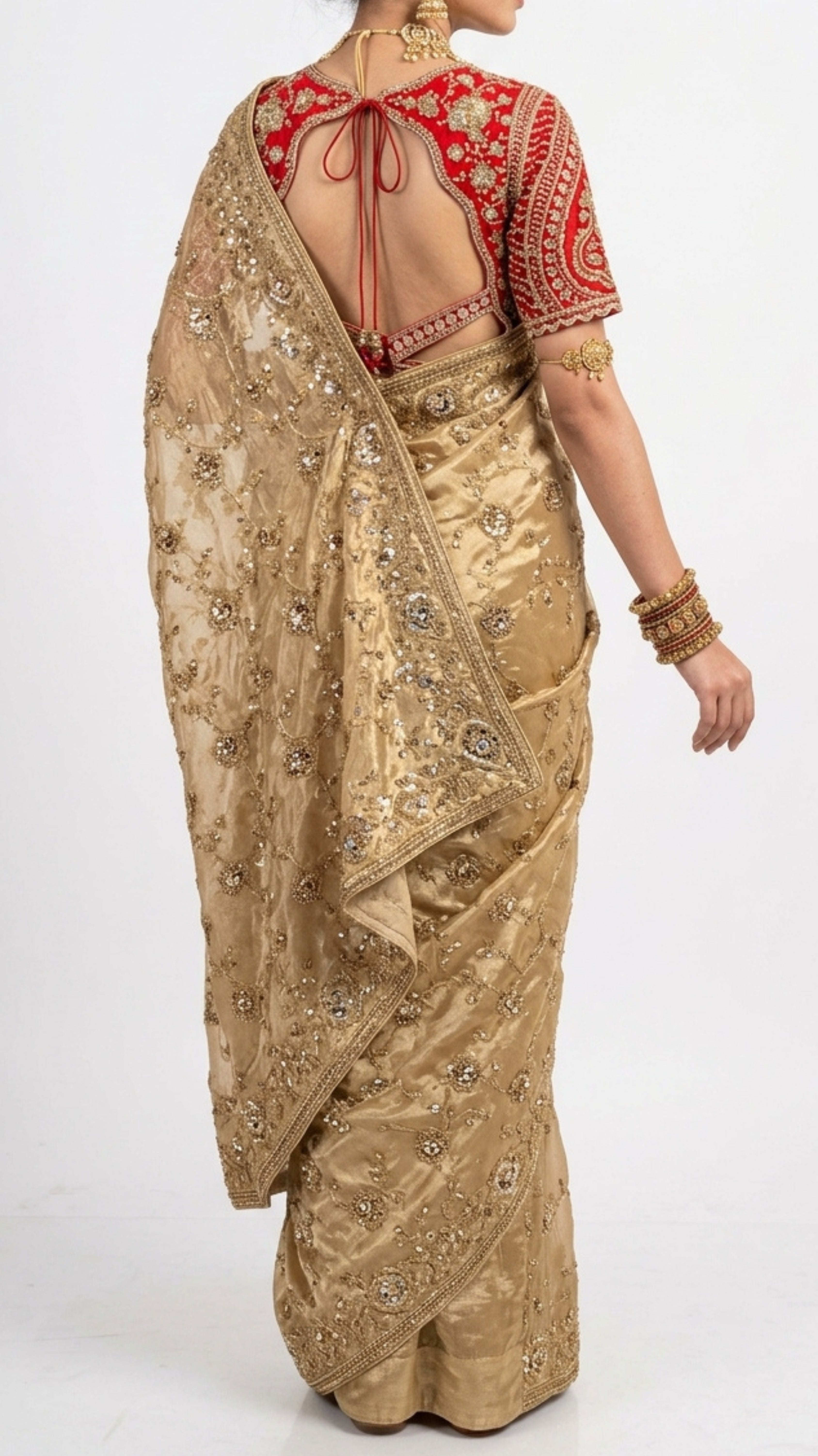 Golden Tissue Saree With Moti, Cutdana & Sequins Work