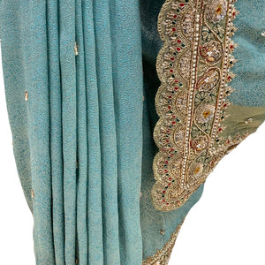 Ice Blue Brocade  Unstitched Saree with Sequins, Pearl, Zari & Cut Dana Work