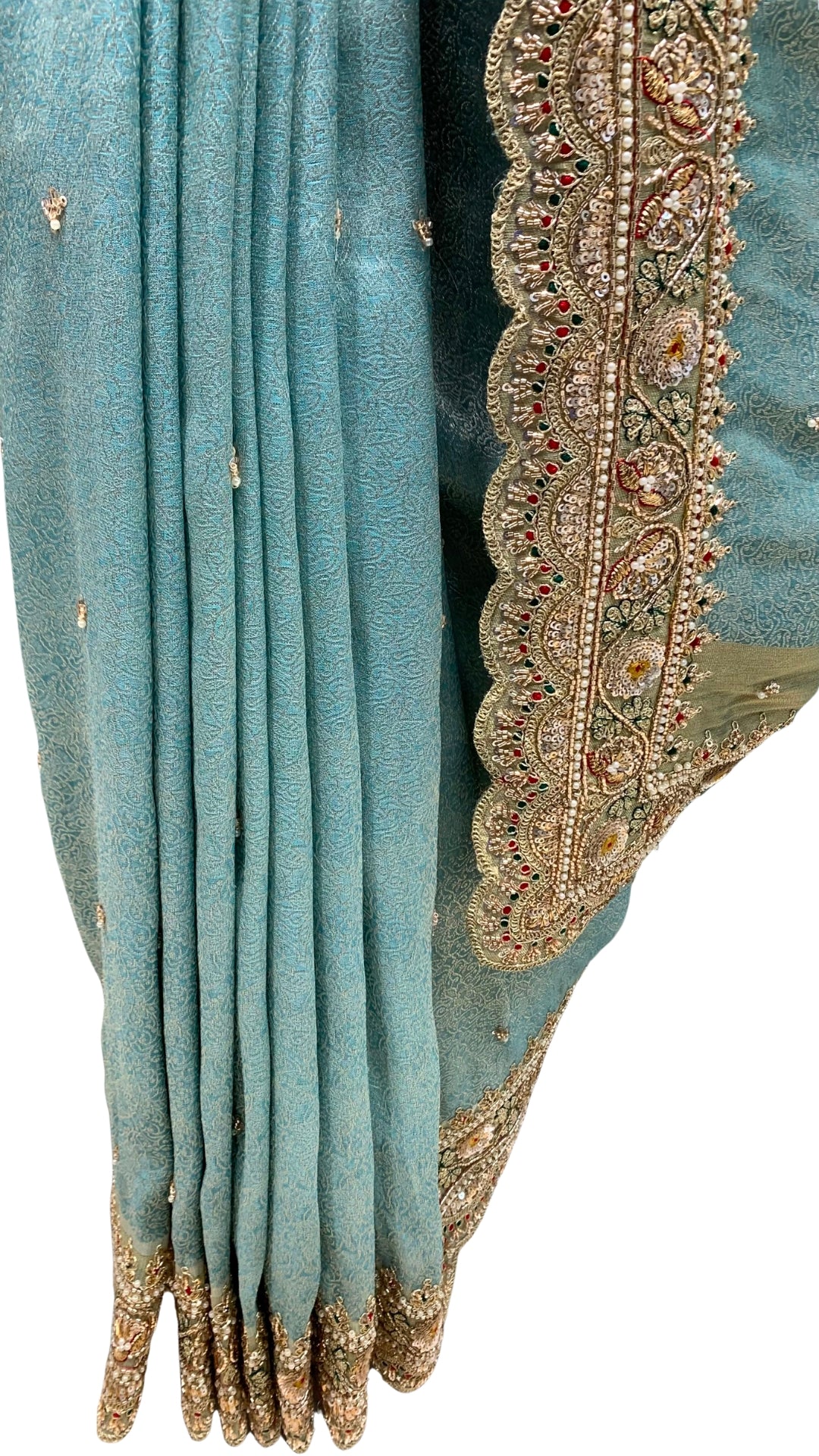 Ice Blue Brocade  Unstitched Saree with Sequins, Pearl, Zari & Cut Dana Work