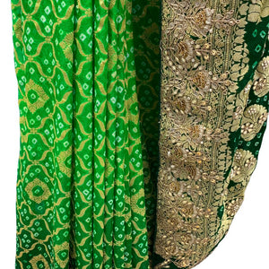Green Pure Georgette Bandhej Unstitched Saree with Gota, Dabka & Dori Work