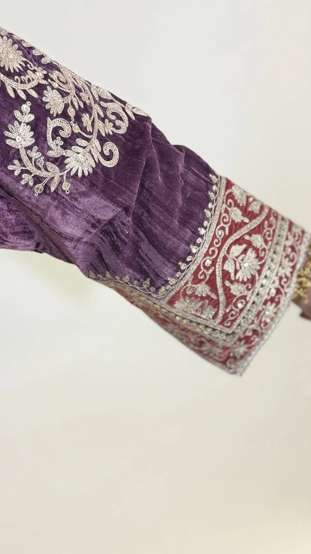 Plum Purple Wrinkled Velvet Embroidered Top with Salwar