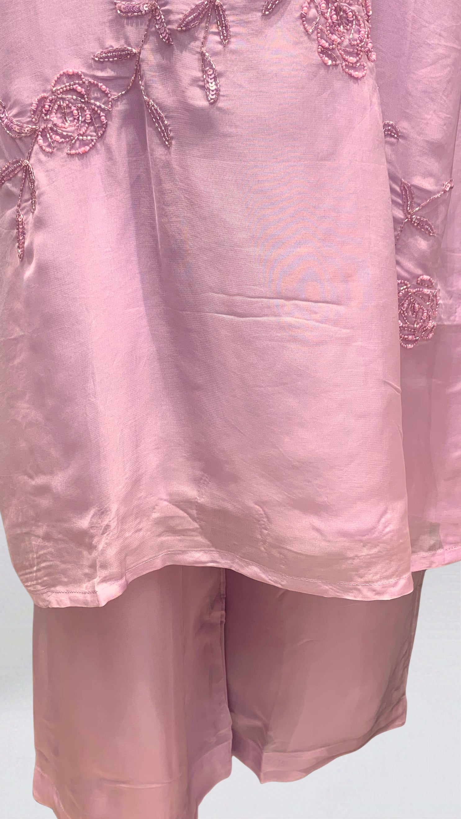 Muted Pastel Pink Organza Suit with Sequins, Cutdana & Moti Detailing