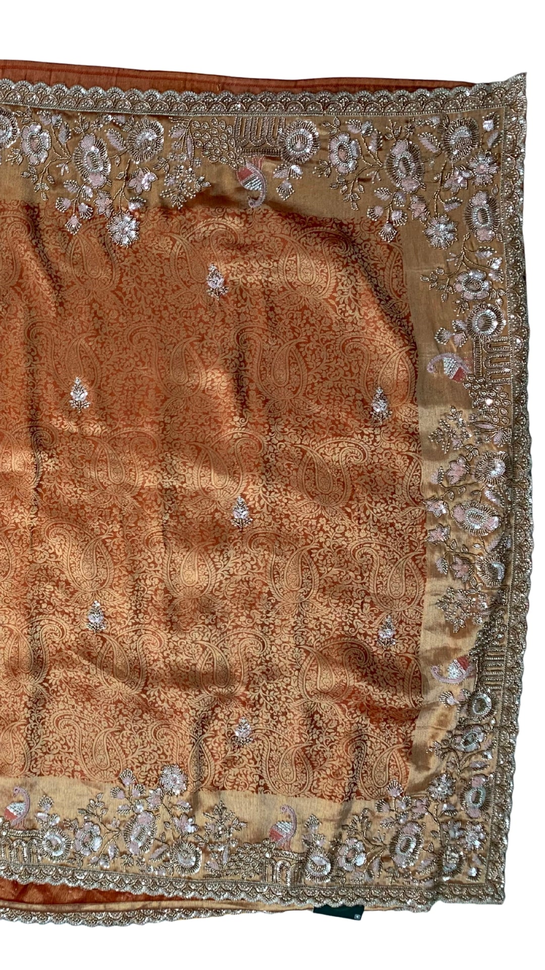 Rust Tissue Saree Embellished With Sequins, Moti & Cut Dana Work