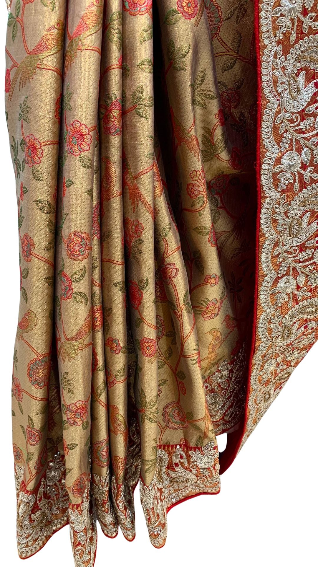 Rust Tissue Banarasi Unstitched Saree with Sequins & Cut Dana Work