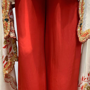 Beige & Red Digital Printed Crepe Coord Set with Cape Embellished with Pearl, Sequins & Sippi
