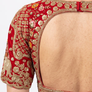Red Silk Saree Embellished With Sequins, Zari & Cut Dana Work