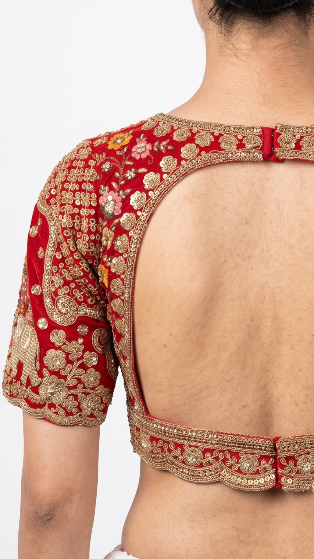 Red Silk Saree Embellished With Sequins, Zari & Cut Dana Work