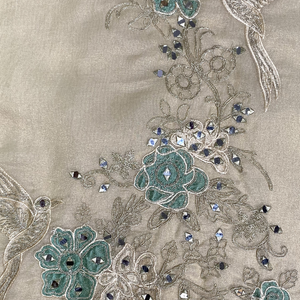 Beige Tissue Unstitched Suit  Thread Work With Zari Work and  Mirror Work