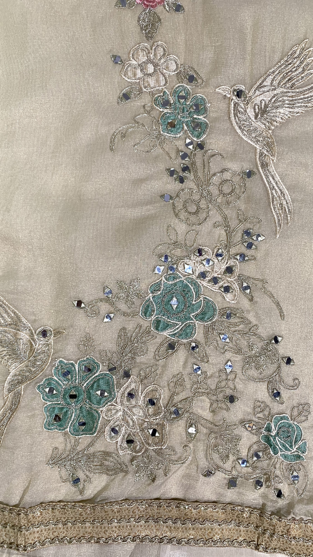Beige Tissue Unstitched Suit  Thread Work With Zari Work and  Mirror Work