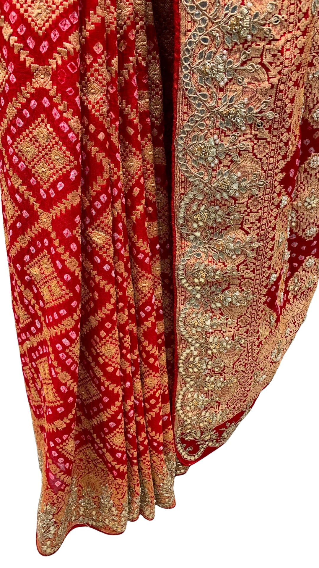 Red Pure Georgette Bandhej Unstitched Saree with Gota, Dabka & Dori Work