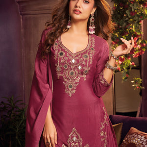 Cherry Red Chinon Suit Embellished With Cutdana, Sequins & Mirror Work