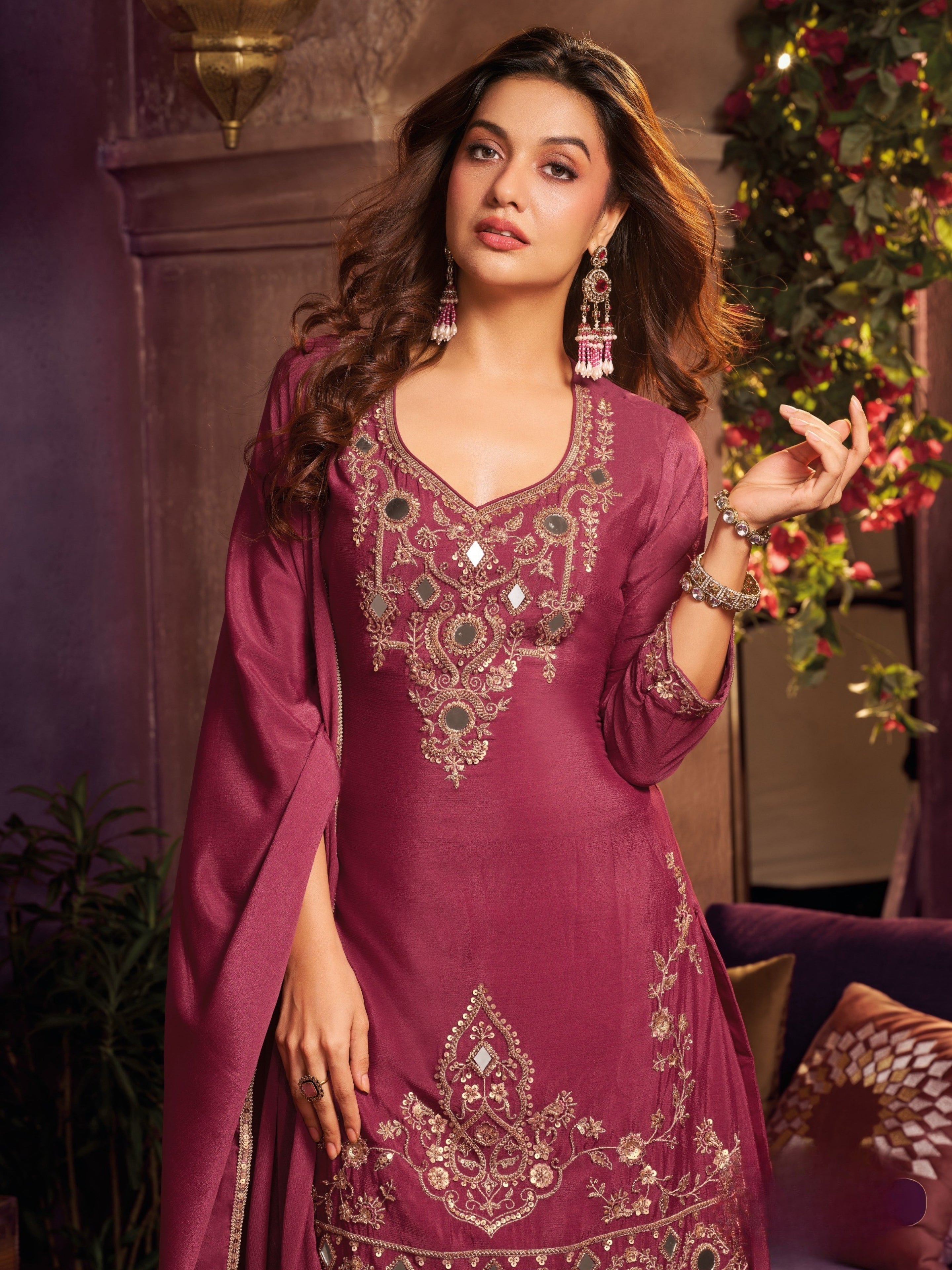 Cherry Red Chinon Suit Embellished With Cutdana, Sequins & Mirror Work