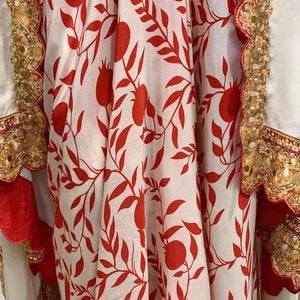 Beige & Red Digital Printed Crepe Top & Skirt with Cape Embellished with Moti, Sequins & Sippi