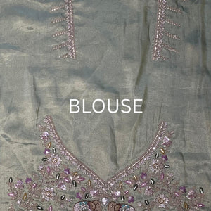 Muted Olive Gold Tissue Silk Saree Embellished with Zari, Cutdana & Zarkan Work