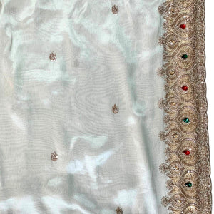 Golden Ivory Tissue Saree Embellished With Sequins, Moti & Cut Dana Work