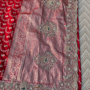 Red Rani Banarasi Satin Unstitched Saree Embellished With Zari, Moti, Sequins & Cutdana Work