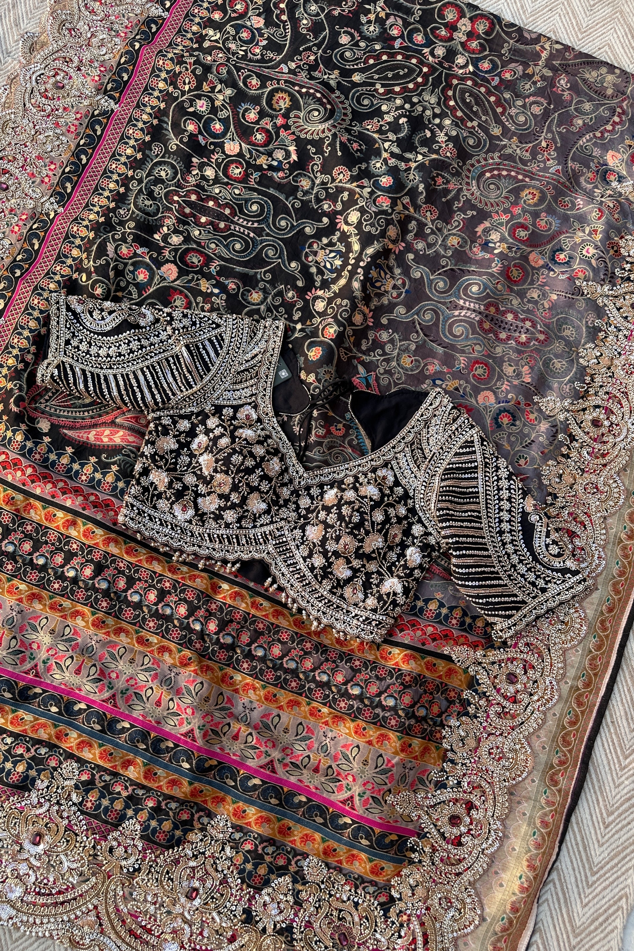 Black Banarasi Silk Saree Embellished With Cutdana, Sequins, Moti & Stone work