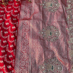 Red Rani Banarasi Satin Unstitched Saree Embellished With Zari, Moti, Sequins & Cutdana Work