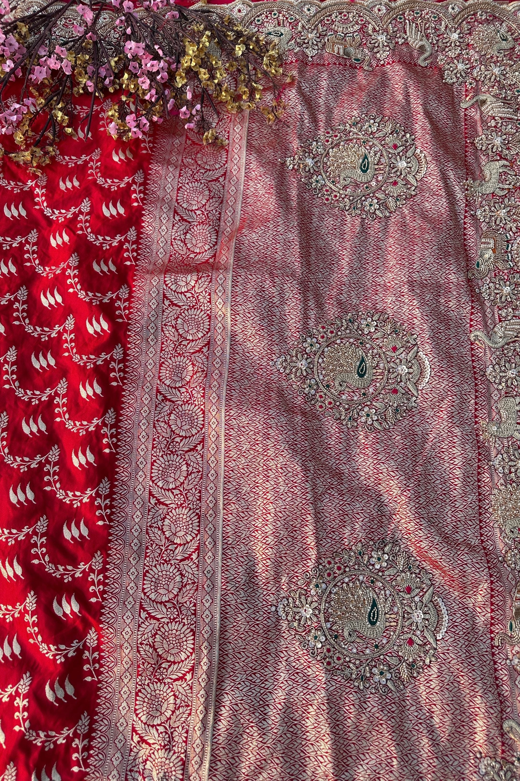 Red Rani Banarasi Satin Unstitched Saree Embellished With Zari, Moti, Sequins & Cutdana Work