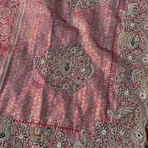Red Rani Banarasi Satin Unstitched Saree Embellished With Zari, Moti, Sequins & Cutdana Work