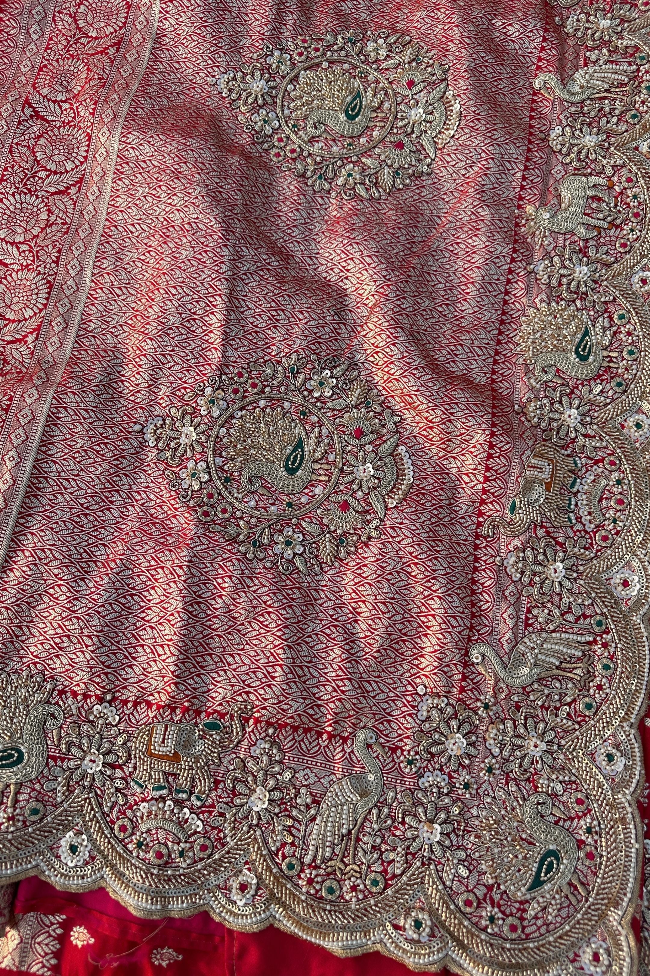 Red Rani Banarasi Satin Unstitched Saree Embellished With Zari, Moti, Sequins & Cutdana Work