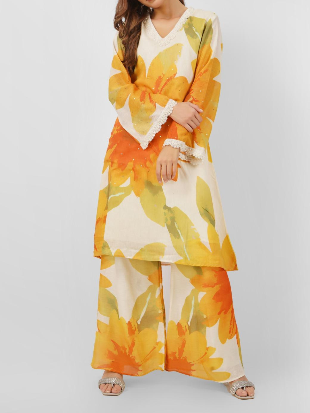 Mustard Linen Indo Western with Sequins and Pearl Embroidery 1